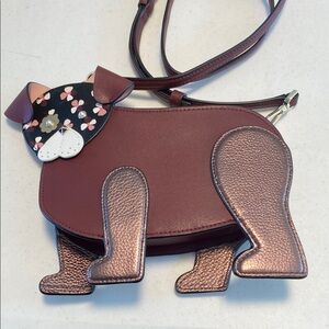 Kate Spade Floral Pug Bulldog shaped Burgundy and Metallic Crossbody Bag